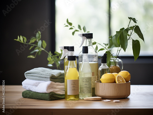 Prodotti per la pulizia sostenibili: prodotti per la pulizia ecologici, come aceto, bicarbonato di sodio e panni per la pulizia riutilizzabili, senza etichette,