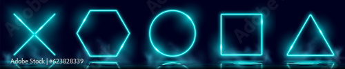 Neon circle, square, triangle and cross with bright shine on black background, neon effect, neon figures with reflection on wet floor, luminescence effect, retro style futurism, cyberpunk.
