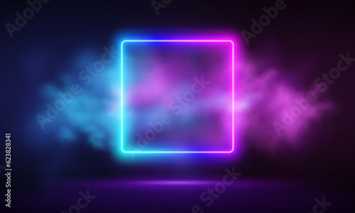 Glowing neon pink square with vibrant fog abstract background. Electric light frame. Geometric fashion design vector illustration. Empty minimal art decoration. 80s neon square frame, square shape, em