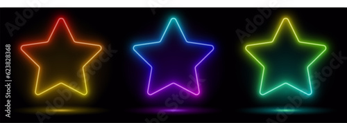 Vectro 3d render, blue neon star frame, star shape, empty space, ultraviolet light, 80's retro style, fashion show stage, abstract background, illuminate frame design. Abstract cosmic vibrant stars