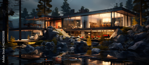 the 3d image shows a house on water rocks and pine trees Generated by AI