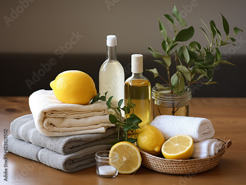 Prodotti per la pulizia sostenibili: prodotti per la pulizia ecologici, come aceto, bicarbonato di sodio e panni per la pulizia riutilizzabili, senza etichette,