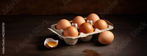 cardboard package container of fresh brown eggs on rustic wooden table as wide banner design with copyspace area - Generative AI photo