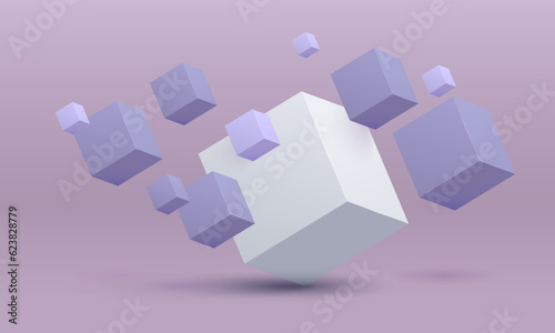 Fototapeta Naklejka Na Ścianę i Meble -  White cubes. Box. Vector illustration. Vector illustration of 3d cubes, Flying cubes, abstraction from three-dimensional figures, space with cubes, 3d objects