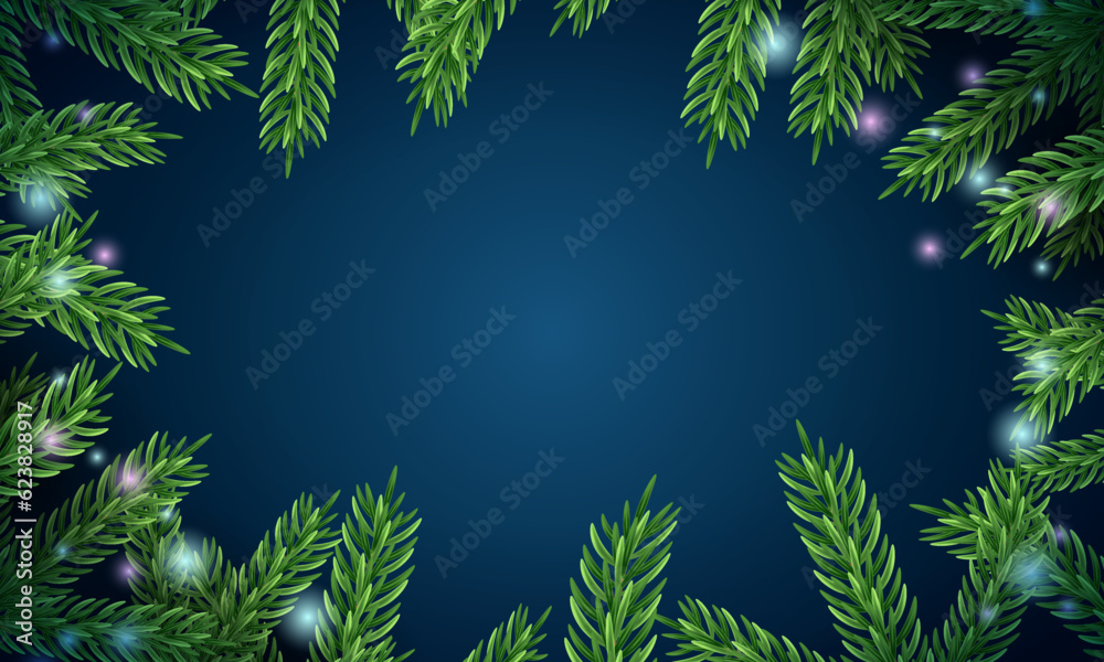 Christmas tree branches. Festive Xmas border of green branch of pine. Pattern pine branches, spruce branch. Glowing frame, space for text. Realistic design decoration element. Vector illustration