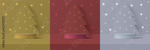 Set of Abstract minimal mock up scene. geometry podium shape for show cosmetic product display. stage pedestal or platform. winter christmas red background with tree xmas. 3D vector