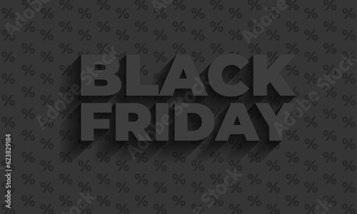 Restrained elegance banner for sales on Black Friday. Vector banner for shops, web. Black Friday typography banner. Black Friday modern typography text illustration on black background with percent