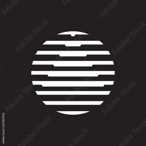Circle and triangle halftone minimal design pictogram isolated on black background. Stylish emblem, Vector sphere with triangle for web designs. (ID: 623829302)