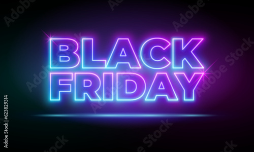 Black Friday Sale neon banner. Design signboard for blackfriday sale on black bacground. Glowing pink and blue neon letters in frame. Flying letters realistic vector illustration