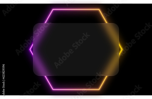Glass morphism credit card template. Plastic rectangle.Glow light hexagon black finely background with blured glass in glassmorphism style. Abstract modern banner, hexagon laser neon light, blur effec