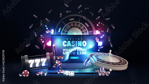 Casino poster with laptop, slot machine, neon playing cards, roulette, dice and poker chips on dark background