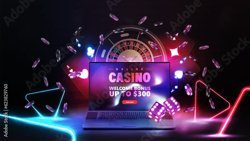 Online casino, poster with laptop, casino Roulette wheel, black playing cards with glowing neon lights, dice, poker chips and neon triangles around.