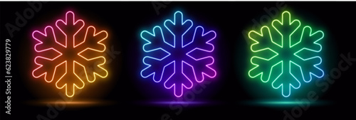Outline neon snowflake icon. Glowing neon snowflake sign, snow pictogram in vivid colors. Ice crystal flake, frost winter season, geometric snowflake star silhouette. Vector icon set, symbol for UI