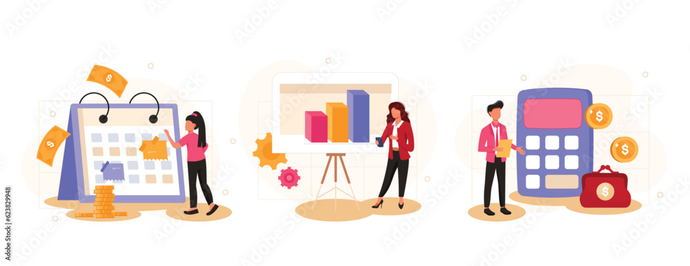 Planning financial budget isolated set. Accounting analysis and savings. People collection of scenes in flat design. Vector illustration for blogging, website, mobile app, promotional materials. Planning financial budget isolated set. Accounting analysis and savings. People collection of scenes in flat design. Vector illustration for blogging, website, mobile app, promotional materials.