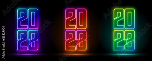 3d render, blue neon 2023 digits set, empty space, ultraviolet light, 80's retro style, fashion show stage, abstract background, illuminate frame design. Abstract cosmic vibrant 2023 digits set backdr
