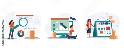 Sales performance isolated set. Financial profit growth, increase in earnings. People collection of scenes in flat design. Vector illustration for blogging, website, mobile app, promotional materials.