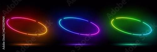 3d render, blue neon round frame, circle, ring shape, empty space, ultraviolet light, 80's retro style, fashion show stage, abstract background, illuminate frame design. Abstract cosmic vibrant circle