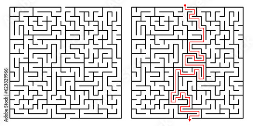 Vector Square Maze. Labyrinth with Included Solution in Black  Red. Funny  Educational Mind Game for Coordination, Problems Solving, Decision Making Skills Test.