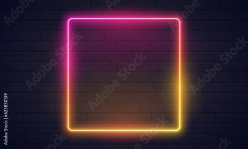 Futuristic Sci Fi Modern Neon Gradient Glowing Square Frame for Banner on Dark Empty Grunge Concrete Brick Background. Vector Vintage Purple Pink Blue Violet Colored Lights. Retro Neon Sign