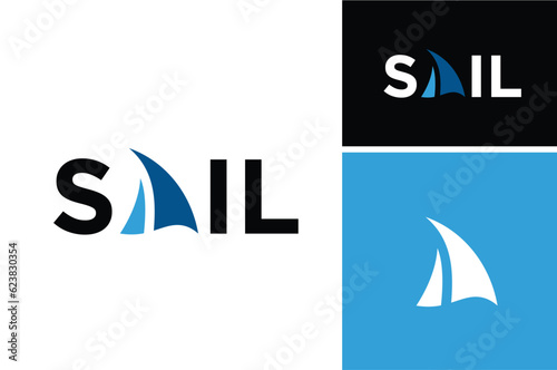 Logotype Word Mark of Sail with letter A as Boat Ship Sailboat on Ocean Wave logo design