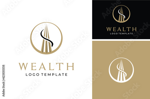 Abstract Tower Building with Dollar $ for Wealth Investment Property logo design