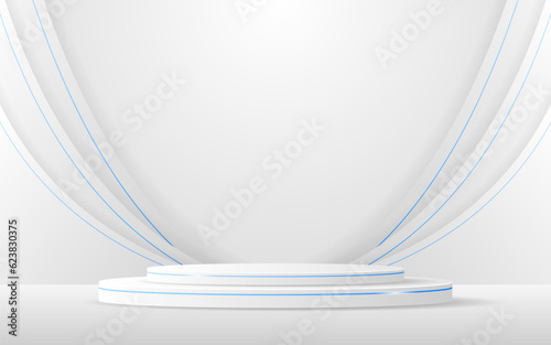 White podium with a white curved border and elegant blue line on the back for product presentation. Display of cosmetic products. stage or podium. vector illustration	