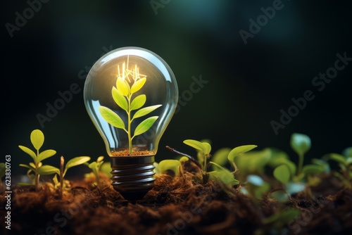 Light bulb with green sprout growing in the soil. Ecology concept