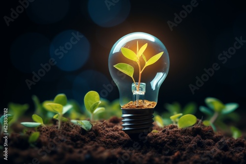 Light bulb with sprout growing out of soil. Ecology concept.