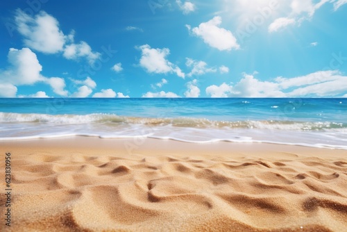 Beach sand and tropical sea in sunny day with blue sky background
