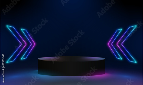 Futuristic Arrow Shaped Neon Lights Glowing Vibrant Blue Purple Corridor Grunge Concrete Dark Reflective Virtual Podium. Abstract cosmic vibrant color podium backdrop. Glowing neon lighting on dark ba