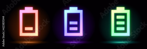 3d render, blue neon accumulator frame, empty space, ultraviolet light, 80's retro style, fashion show stage, abstract background, illuminate frame design. Abstract cosmic vibrant battery icon.Glowing