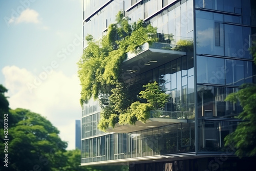 Eco-friendly building in the modern urban landscape, emphasizing green practices. Generative AI