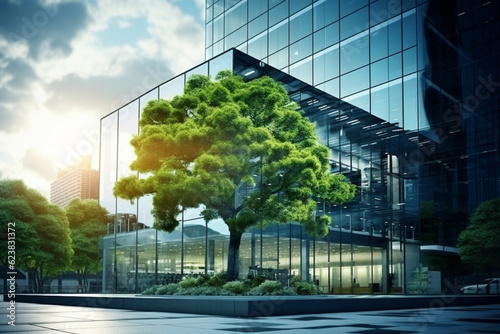 Eco-friendly building in the modern urban landscape, emphasizing green practices. Generative AI