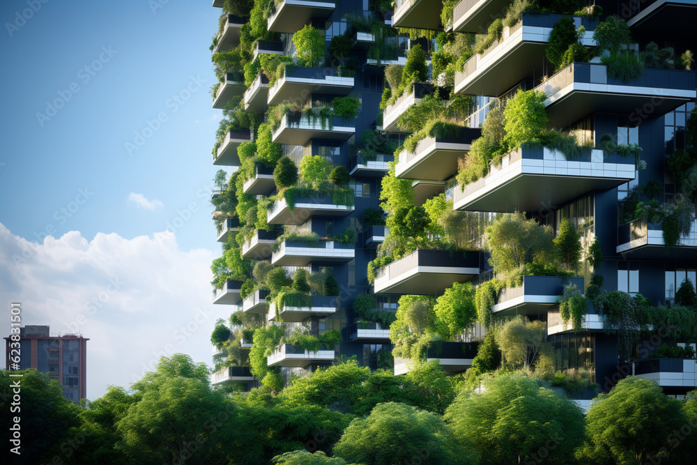 Green skyscraper building with plants, combining architecture and environmental consciousness. Generative AI