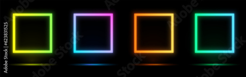 Neon square of blue, red-purple, green illuminate frame design. Abstract cosmic vibrant color square backdrop. Collection of glowing neon lighting on dark background with copy space.Futuristic style. 