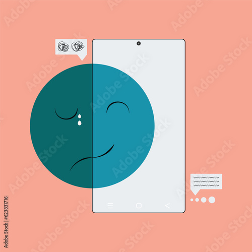 Mental health, illness ,brain development ,medical treatment concept, sad and unhappy people with tears drop pretend to be happy and smile on social media background, vector illustration. 