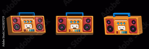 Retro portable stereo radio cassette recorder. Vector illustration. 3d boombox, cassette tape, art image illustration, isolated on black background, old mix tape vintage retro cassette design