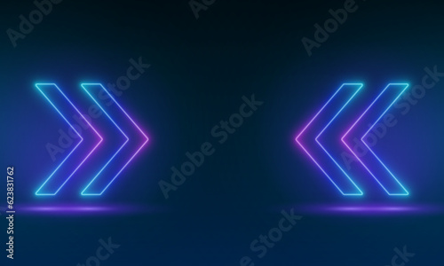 Blue neon frame with arrows, arrow icon, empty space, ultraviolet light, 80's retro style, fashion show stage, abstract background, illuminate frame design. Abstract cosmic vibrant arrow backdrop. 
