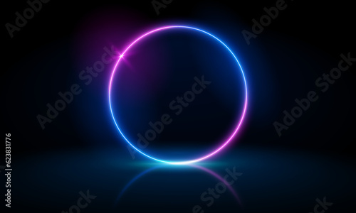 Vector 3d render, blue neon round frame, circle, ring shape, empty space, ultraviolet light, 80's retro style, fashion show stage, abstract background, illuminate frame design. Abstract cosmic vibrant