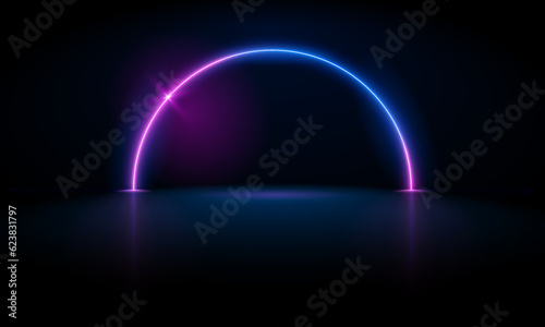 Vector 3d render, blue neon round frame, circle, ring shape, empty space, ultraviolet light, 80's retro style, fashion show stage, abstract background, illuminate frame design. Abstract cosmic vibrant