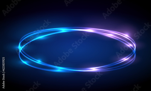 Glow neon circle. Blue glowing ring on floor. Abstract hi-tech background for display product. Vector template. Portal frame, futuristic concept
