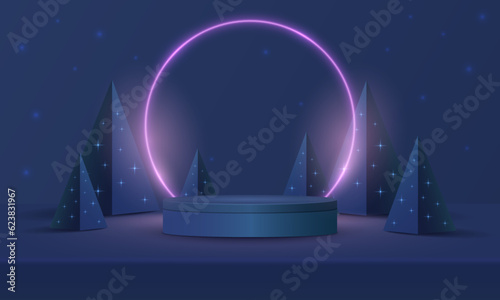 Abstract realistic 3D cylinder pedestal podium, Circle neon lighting background. Red, green pyramid christmas tree. Minimal wall scene mockup product display. Merry christmas and happy new year stage.