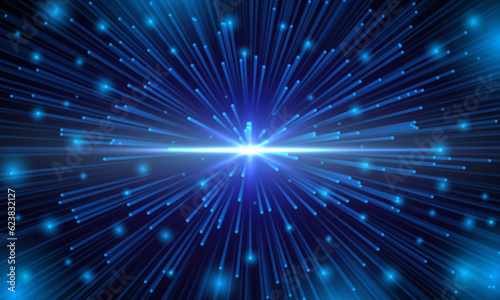 Hyperspace abstract vector background of blue neon lights hyperspeed motion. Star warp tunnel of hyper space travel jump with glowing trek lines and laser rays, bright sparkles and flashes. Hyperspeed
