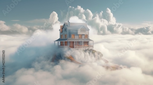 Home floating on clouds, Generative AI.