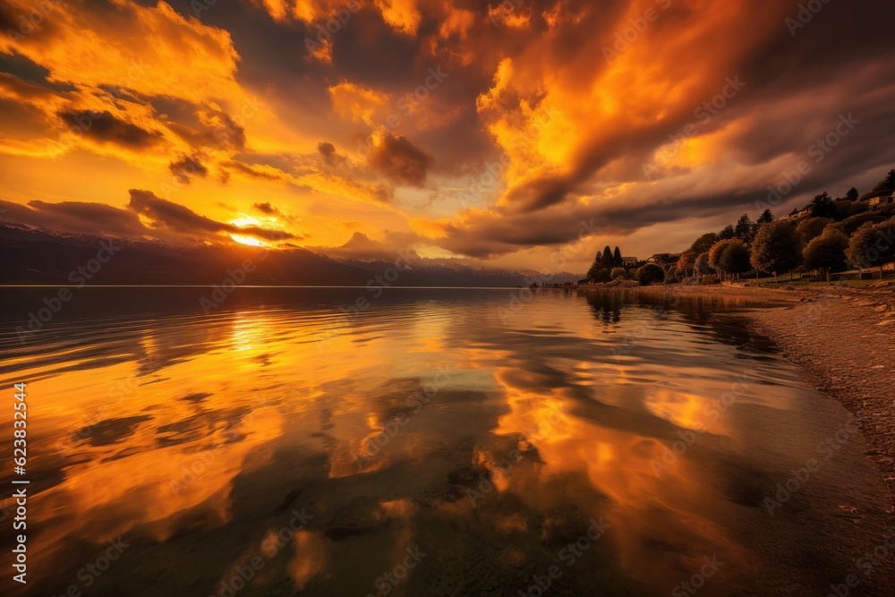 Fototapeta premium Golden clouds reflect in the water as a bright sunset paints the sky over Lake Geneva, creating a breathtaking and serene scene. Generative AI