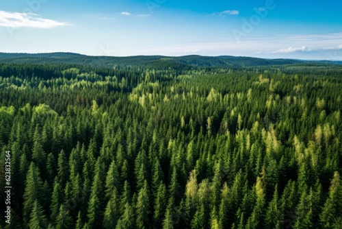 A top-down birds-eye view captures the beauty of a summer pine forest accompanied by a winding, creating a captivating and scenic landscape. Generative AI