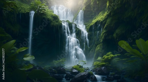 Majestic waterfall cascade in tropical rainforest mountain peak in tranquil tropical rainforest