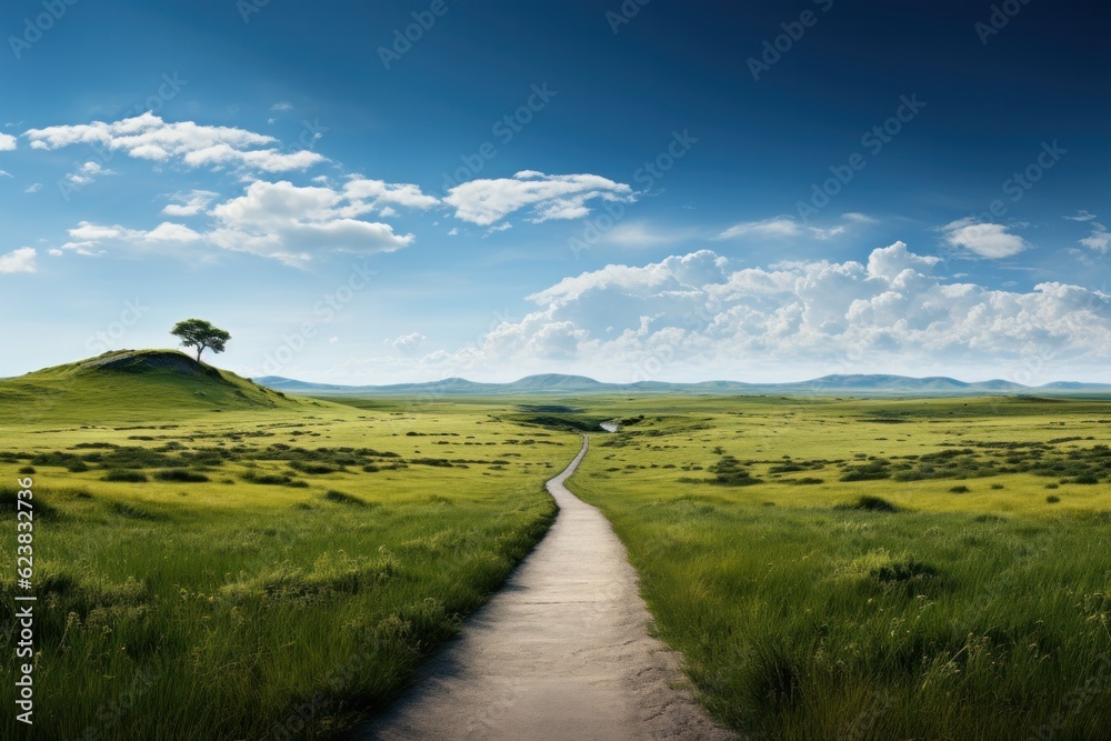 Fototapeta premium Beautiful landscape with a path in the middle of the steppe