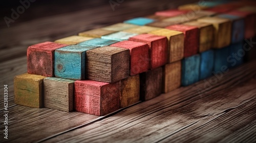 Diagonally aligned colored wooden blocks on an old vintage wooden table, Generative AI.