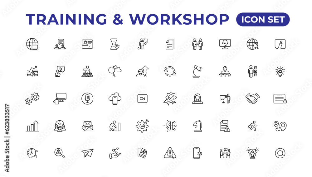 Training and workshop linear icons collection.Set of thin line web icon set, simple outline icons collection, Pixel Perfect icons, Simple vector illustration.